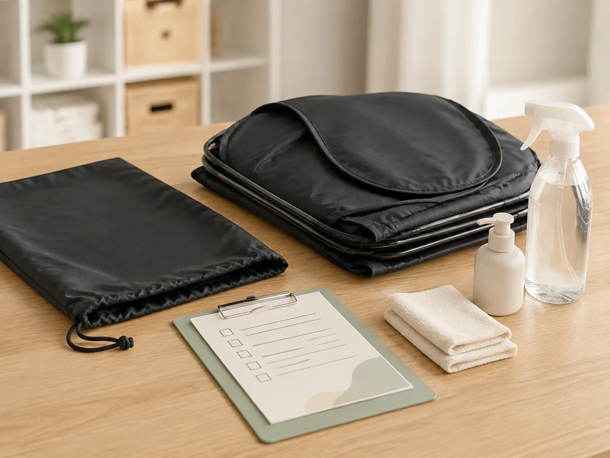 Illustrative packed rental bag ready for local pickup near an entryway