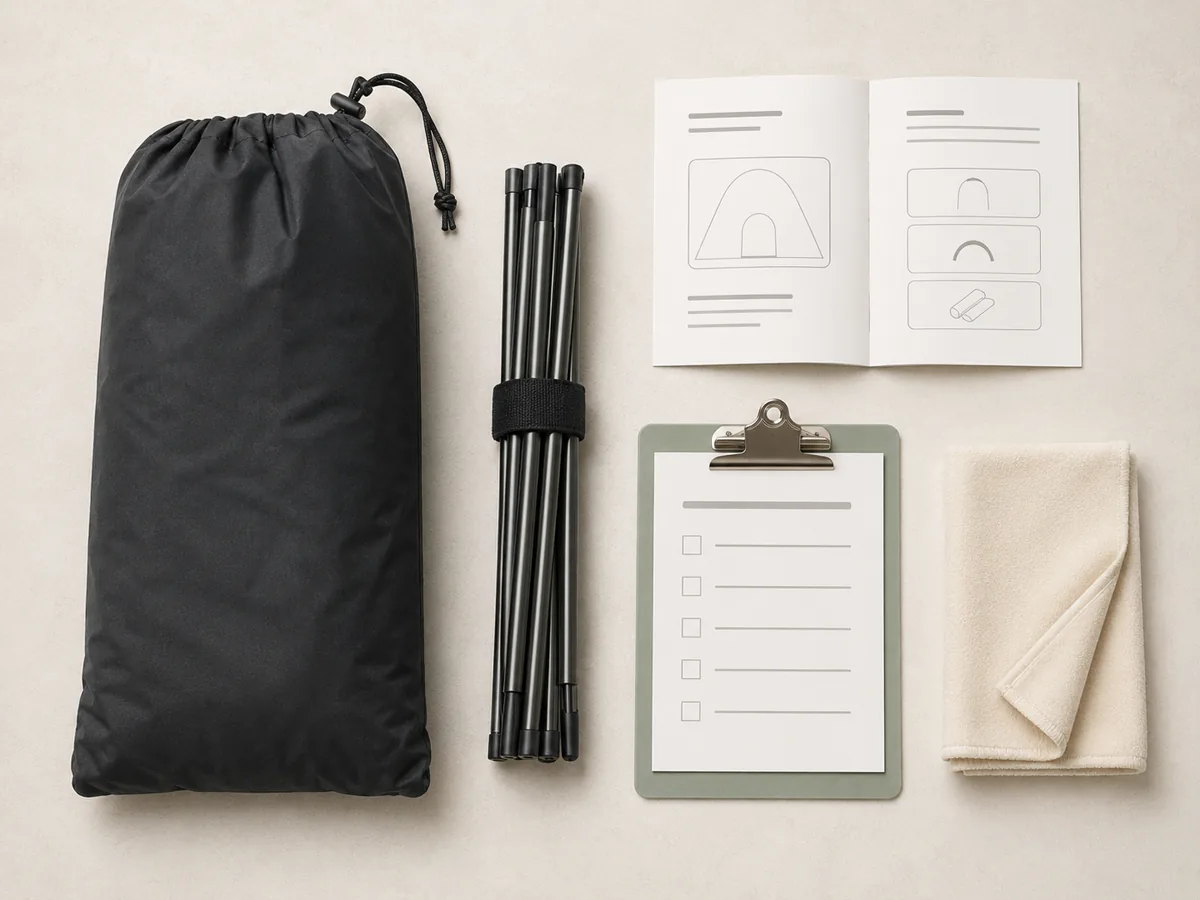 Illustrative portable blackout sleep tent set up in a calm neutral room